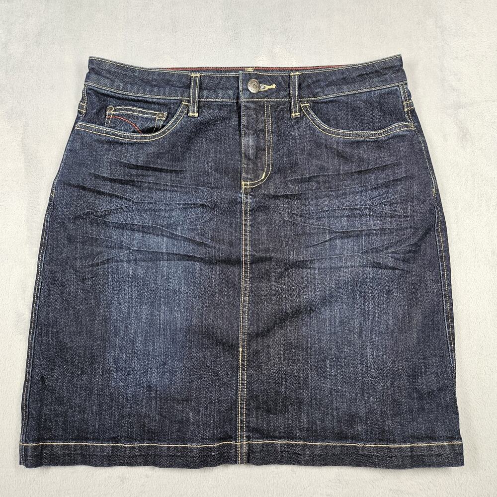 Mountain Khakis Denim Skirt Womens Size 6 Low Rise Classic Fit Whiskering Preppy